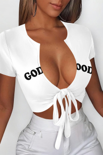 White Sexy Letter Print Lace Up V Neck T-Shirts