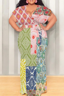 Green Yellow Casual Print Patchwork Strap Design V Neck Long Plus Size Dresses