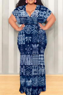Tibetan Blue Casual Print Patchwork Strap Design V Neck Long Plus Size Dresses