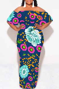 Tibetan Blue Sexy Floral Print fruit Ruffle Contrast Off Shoulder Printed Dresses