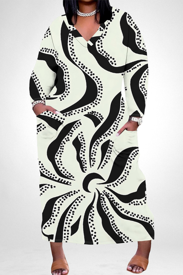 White Grey Casual Flowers Love Print Pocket Contrast V Neck Printed Plus Size Dresses