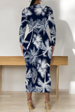 Deep Blue Elegant Floral Print Contrast O Neck Printed Dresses
