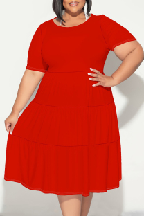 Red Casual Solid Color Patchwork O Neck Short Sleeve Plus Size Dresses