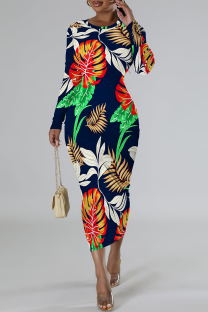 Deep Blue Elegant Floral Print Contrast O Neck Printed Dresses