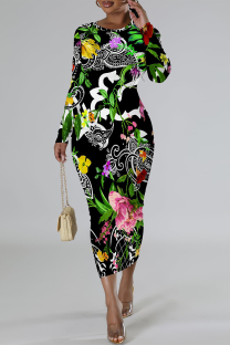 Black Green Elegant Floral Print Contrast O Neck Printed Dresses
