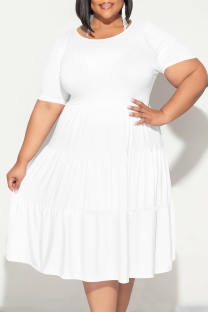 White Casual Solid Color Patchwork O Neck Short Sleeve Plus Size Dresses