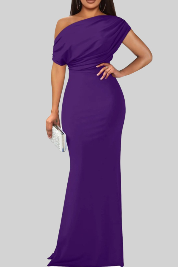 Purple Elegant Solid Color Patchwork Oblique Collar Long Dresses