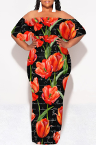 Black Sexy Floral Print fruit Ruffle Contrast Off Shoulder Printed Dresses