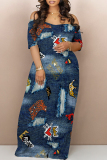Dark Blue Street Faux Denim Print Contrast V Neck Printed Dresses