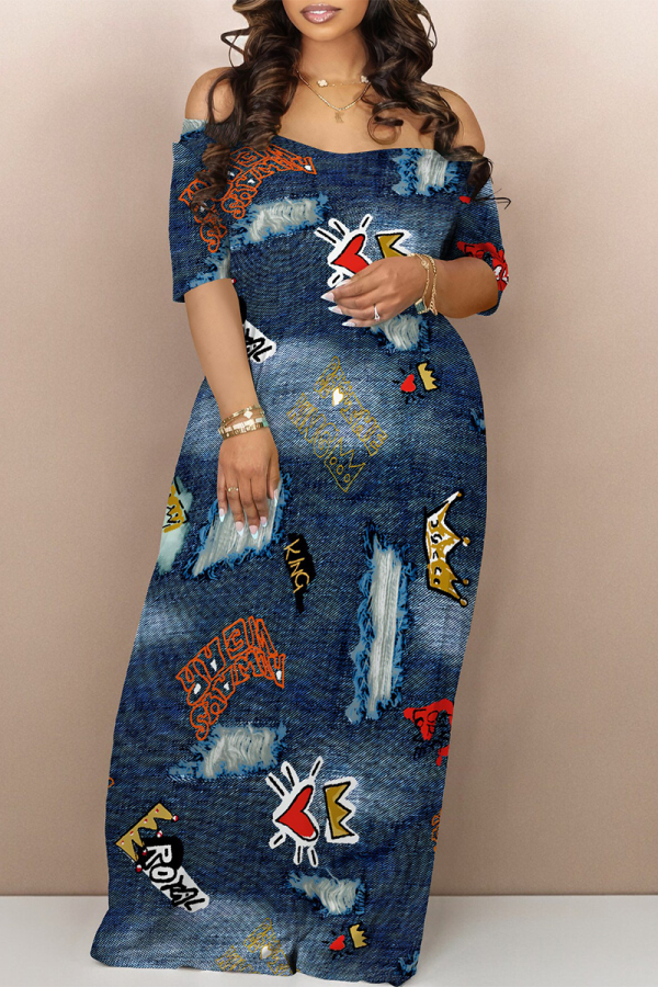 The cowboy blue Street Faux Denim Print Contrast V Neck Printed Dresses