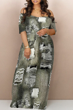 Dark Blue Street Faux Denim Print Contrast V Neck Printed Dresses