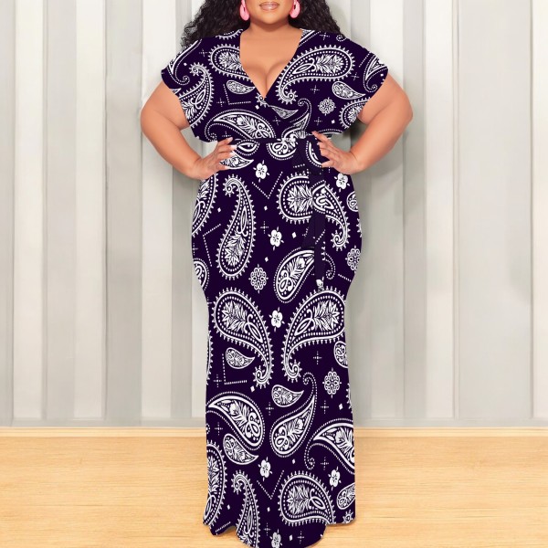 Dark Purple Casual Print Patchwork Strap Design V Neck Long Plus Size Dresses