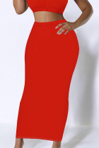 Red Casual Solid Color Skinny High Waist Solid Color Bottoms