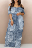 Dark Blue Street Faux Denim Print Contrast V Neck Printed Dresses