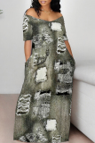 Dark Blue Street Faux Denim Print Contrast V Neck Printed Dresses