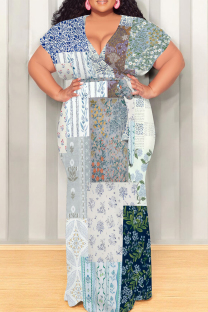 Blue White Casual Print Patchwork Strap Design V Neck Long Plus Size Dresses