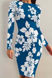 Blue Elegant Flowers Print Contrast O Neck Printed Dresses