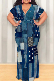 Blue Khaki Casual Print Patchwork Strap Design V Neck Long Plus Size Dresses