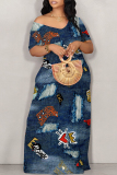 Dark Blue Street Faux Denim Print Contrast V Neck Printed Dresses