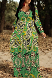 Green Casual Floral Print Pocket Contrast V Neck Printed Dresses