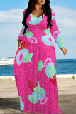 Green Casual Floral Print Pocket Contrast V Neck Printed Dresses