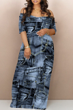 Dark Blue Street Faux Denim Print Contrast V Neck Printed Dresses