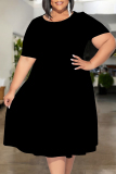 Black Casual Solid Color Patchwork O Neck Short Sleeve Plus Size Dresses