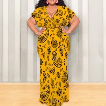 Ginger Casual Print Patchwork Strap Design V Neck Long Plus Size Dresses