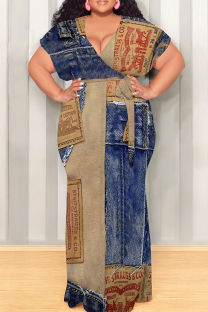 Blue Khaki Casual Print Patchwork Strap Design V Neck Long Plus Size Dresses