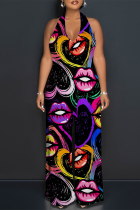 Multi-color Street Love Print Letters Lace Up Backless Contrast Halter Loose Jumpsuits