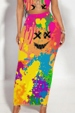 Multicolor Casual Letters Gradient Splashed ink printing Leopard Contrast Skinny High Waist Full Print Bottoms