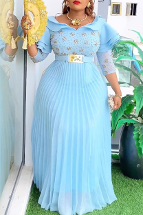 Light Blue Casual Solid Color With Belt Pleated Ruffled Trim O Neck A Line Plus Size Dresses