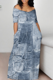 Dark Blue Street Faux Denim Print Contrast V Neck Printed Dresses