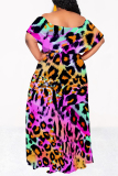 Leopard Print Sexy Leopard Print Gradient Chain print Ruffle Contrast Off Shoulder Printed Dresses