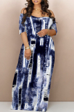 Dark Blue Street Faux Denim Print Contrast V Neck Printed Dresses