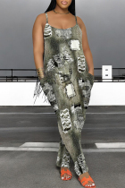 Black Gray Casual Faux Denim Print Pocket Contrast U Neck Loose Jumpsuits