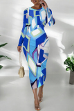 Green Elegant Geometric Print Bronzing Pattern Contrast O Neck Printed Dresses