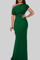 Green Elegant Solid Color Patchwork Oblique Collar Long Dresses
