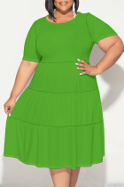 Green Casual Solid Color Patchwork O Neck Short Sleeve Plus Size Dresses