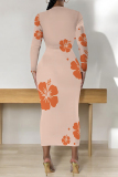 White Elegant Flowers Print Gradient Contrast O Neck Printed Dresses