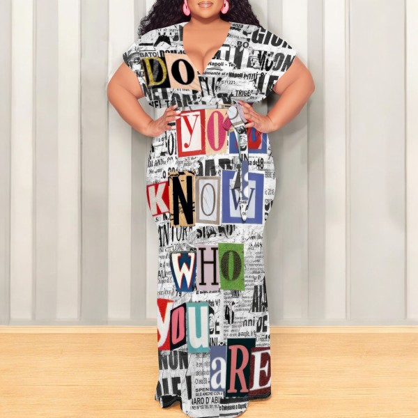 Multicolor Casual Print Patchwork Strap Design V Neck Long Plus Size Dresses