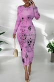 Green Elegant Geometric Print Bronzing Pattern Contrast O Neck Printed Dresses