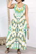 Light Green Casual Geometric Print Floral Print Pocket Contrast V Neck Loose Jumpsuits