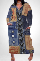 The cowboy blue Street Faux Denim Print Pocket Contrast V Neck Printed Plus Size Dresses