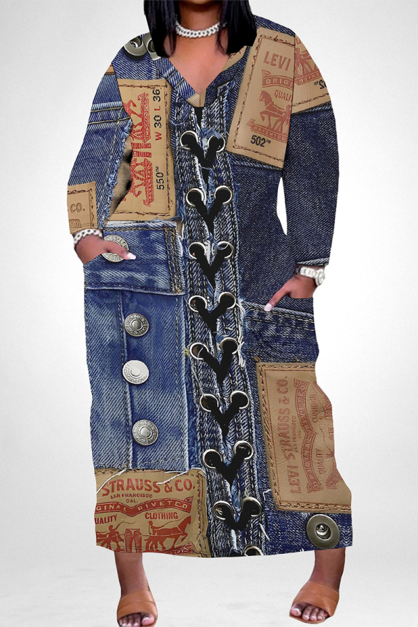 The cowboy blue Street Faux Denim Print Pocket Contrast V Neck Printed Plus Size Dresses