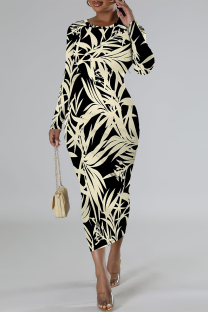 Black Elegant Geometric Print Bronzing Pattern Contrast O Neck Printed Dresses