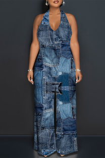 Dark Blue Street Faux Denim Print Pocket Lace Up Backless Halter Loose Jumpsuits