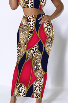 Red Casual Letters Gradient Splashed ink printing Leopard Contrast Skinny High Waist Full Print Bottoms