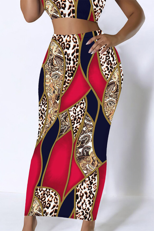 Red Casual Letters Gradient Splashed ink printing Leopard Contrast Skinny High Waist Full Print Bottoms