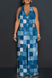 Medium Blue Street Faux Denim Print Pocket Lace Up Backless Halter Loose Jumpsuits